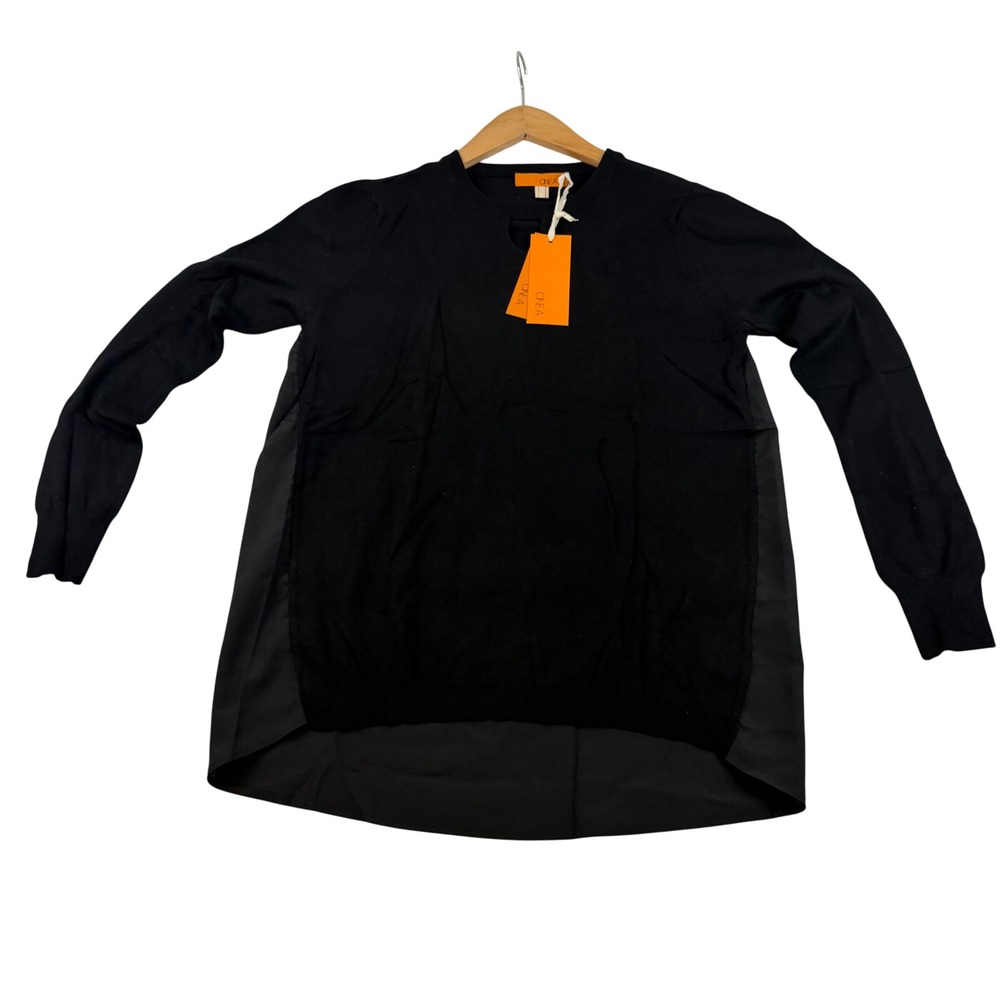 One A Black Mixed Media Long Sleeve Sweater Keyhole Neck High Low Hem Small